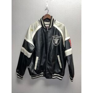 NFL Oakland Raiders Leather Jacket Football Black Silver Outerwear Stained Large
